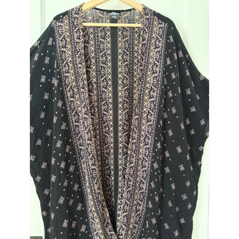 ANGIE Size L Black & Pink Open Front Kimono Poncho Cover Up Bohemian Whimsigoth‎